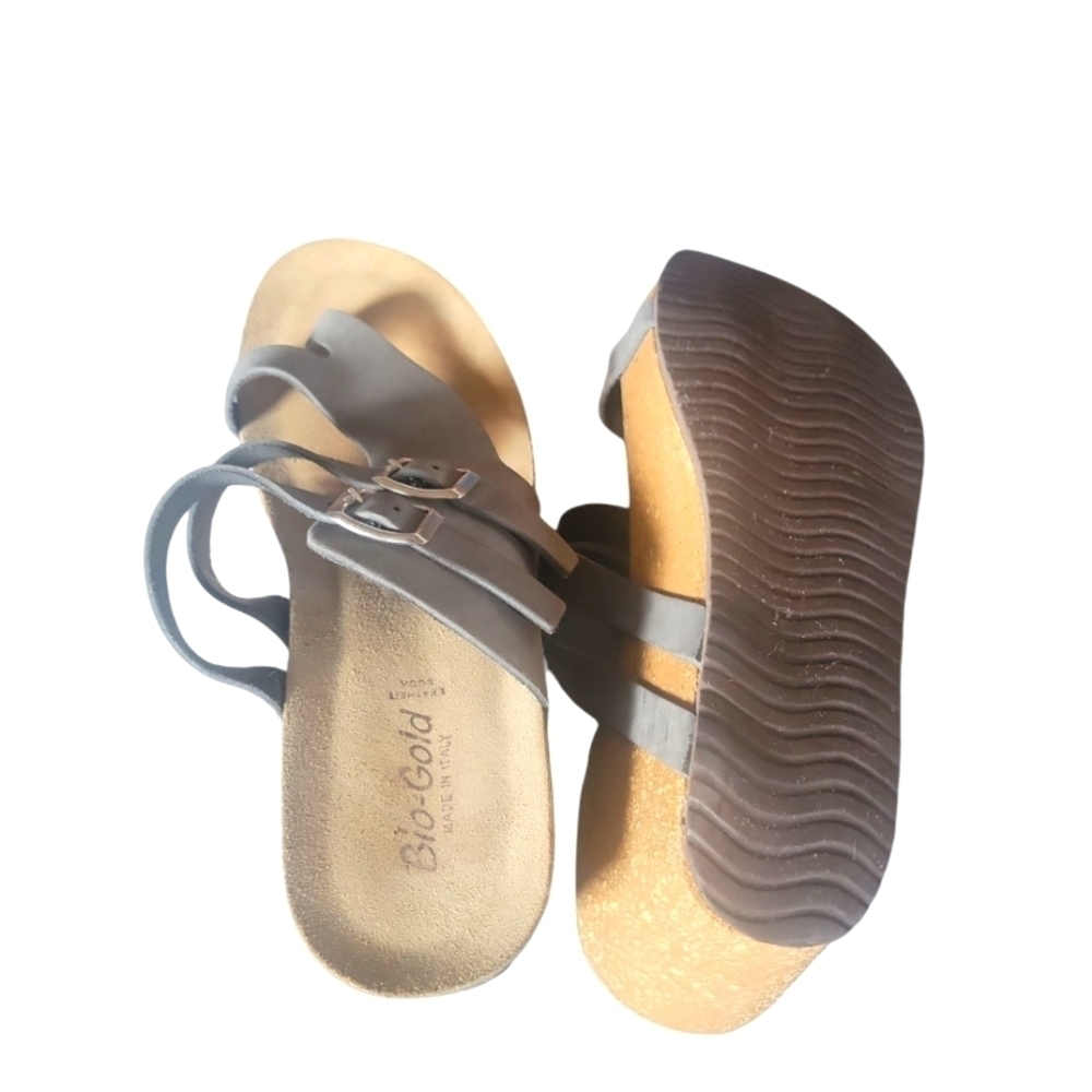 Bio-Gold Women's Gray Leather Cork Wedge Made In Italy Sandals SZ 9 - Picture 7 of 9